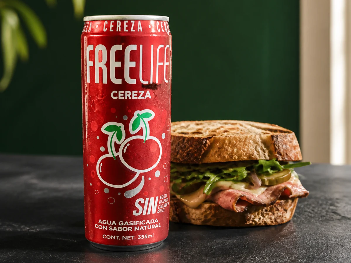 Agua gasificada sabor cereza junto a un sándwich de masa madre de Rub's