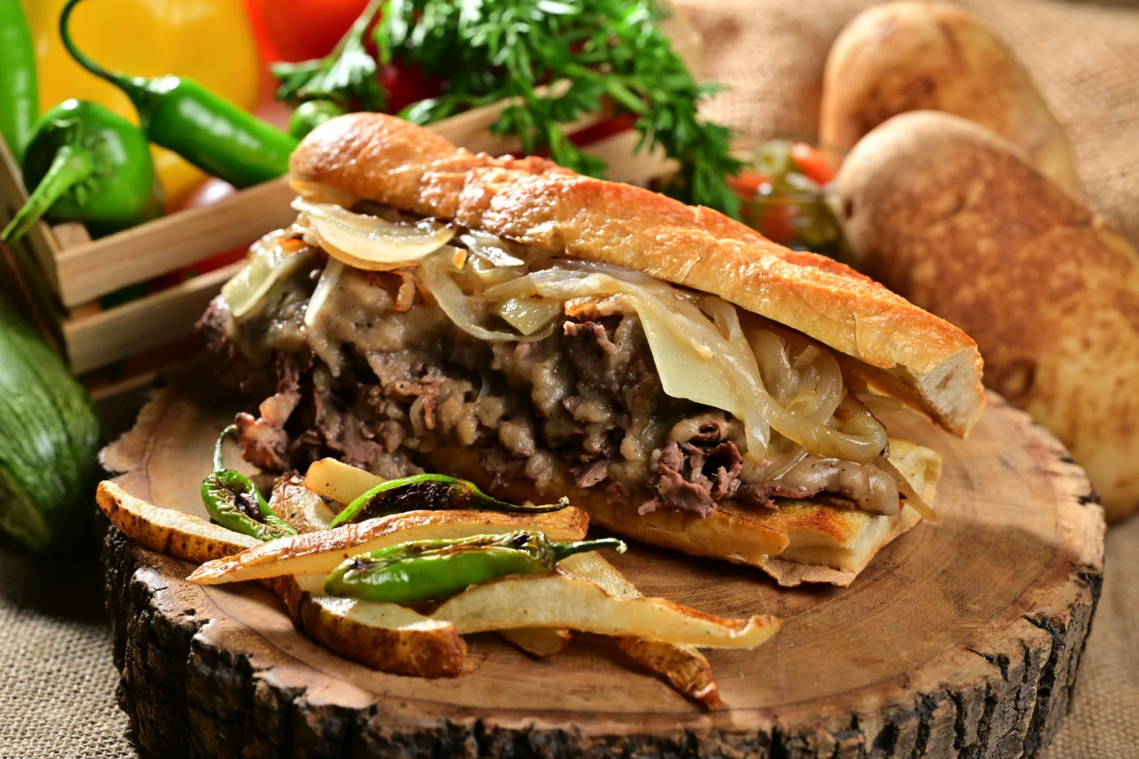 Sándwich de roast beef con cebolla caramelizada y queso