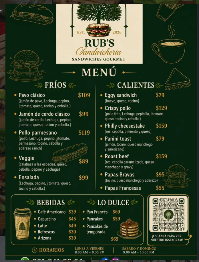 Menu de Rub's Sandwicheria